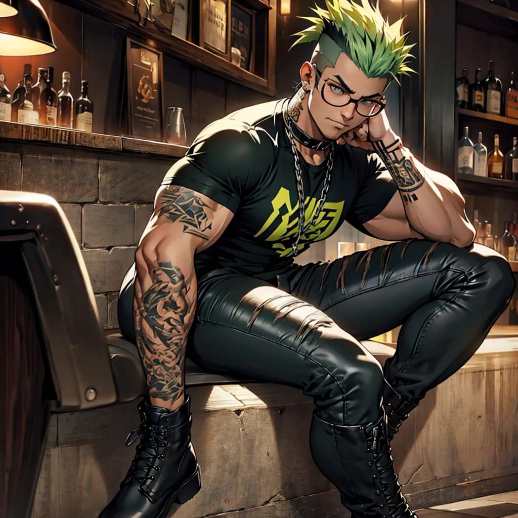 score_9, score_8_up, score_7_up, score_9, BREAK Hellaine Style, 1boy, Beetlejuice_(Character), male_focus, solo, heterochromia, red_eyes, green_eyes, facial hair, beard, gradient_hair, multicolored_hair, black_hair, red_hair, green_hair, dyed bangs, yellow hair, BREAK long hair, ponytail, hair tied, poltergeist vibes, gay mexican, dark skin, dark skinned male, dirty_face, facial tattoo, flamboyant, jewelry, open_clothes, necklace, shirtless, tattoo, pendant, leather, leather_jacket, full body, standing, magic, cinematic_angle, cinematic_lighting, detailed_design, intricate_design, indoors, tijuana, bar scene, gay bar, elaborate_design, highly_detailed, <lora:HellainePonyXL:0.8>