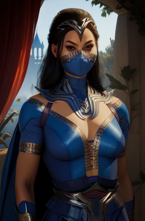 KitanaMK1, black hair, brown eyes,  jewelry, blue dress, cleavage,  mouth mask, 
looking at viewer, royal garden. morning,
 standing,upper body, smile toned, (insanely detailed, beautiful detailed face, masterpiece, best quality), blue cape, cape