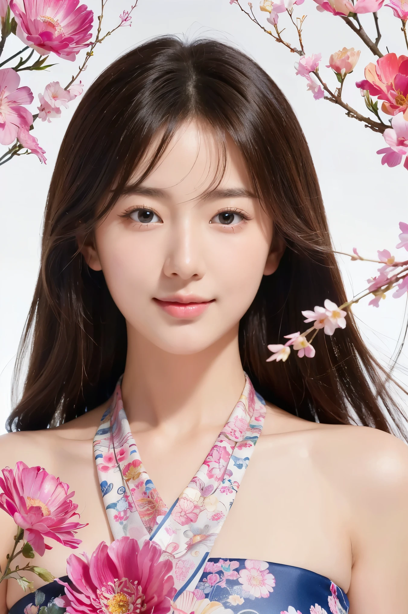(masterpiece、highest quality、highest quality、official art、beautiful beautiful:1.2)、(1 girl)、very detailed、(fractal art:1.3)、colorful、most detailed,(Pose with movement:1.4)、Details Beautiful and delicate features、Beautiful details and delicate eyes、very fine resolution, (symmetrical eyes:1.3),((japanese hair)),((natural smile)),Floral,feather