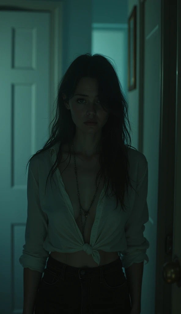 Woman chained on her knees with a look of vengeance, with another woman smiling in the back wearing an elegant dress a light on top in a dark bedroom style room , that generates intrigue like a movie cover with the author :Liz Daniela Santiago Martinez , made up , that the whole image is half dark