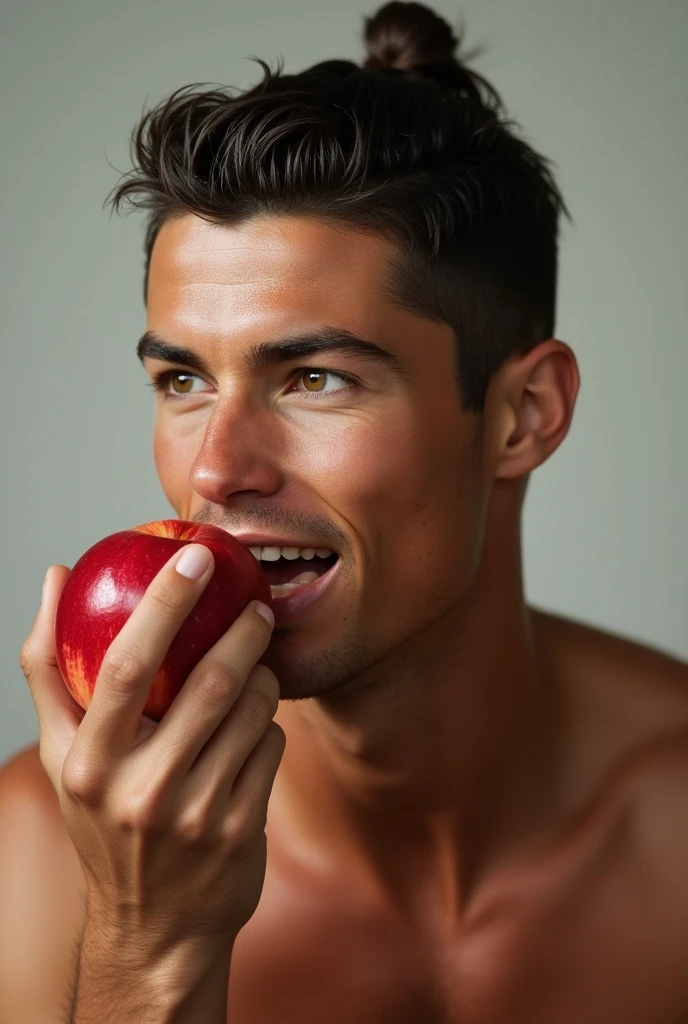 Naked man eating apple with his father 