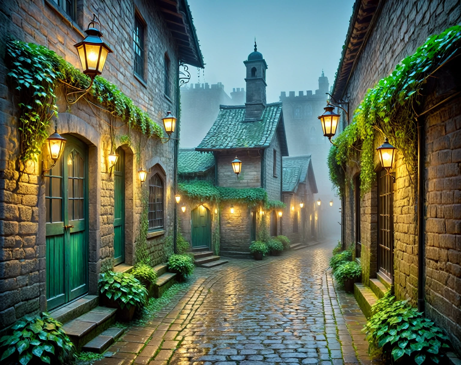 A mystical narrow alleyway, dimly lit with a soft, otherworldly glow. The alley is lined with ancient cobblestone, damp from a recent rain, reflecting subtle lights. On either side, there are old, slightly worn brick walls covered in patches of ivy and moss, with small, intricately designed lanterns hanging at irregular intervals. A faint mist hovers close to the ground, giving the path an ethereal and enchanted feel. The atmosphere is quiet, with shadows dancing along the walls, as if hiding secrets. A soft blue and green hue creates a magical, mysterious ambiance, inviting the viewer to explore further.

