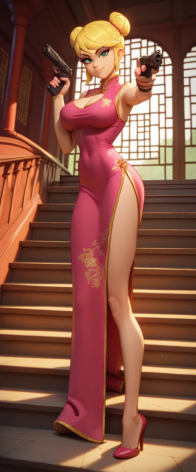 lola loud, 1girl, solo, 24yo girl, large breasts, pink cheongsam,  inside of a chinese temple, looking at viewer, blonde hair, two hair buns , hands  score_9, score_8_up, score_7_up, high heels, holding gun, handgun, aiming, stairs behind her, guarding the stairs