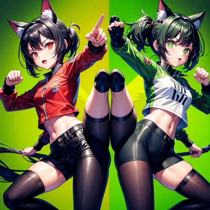 A girl with dark blue hair, cat ears and a tail, wearing a black bikini and racing pants　Loli body type　　Twin tails　　　　Flat Chest　Wearing a hoodie　Butt in detail　holding a ninja sword　Sun-shaped eyes