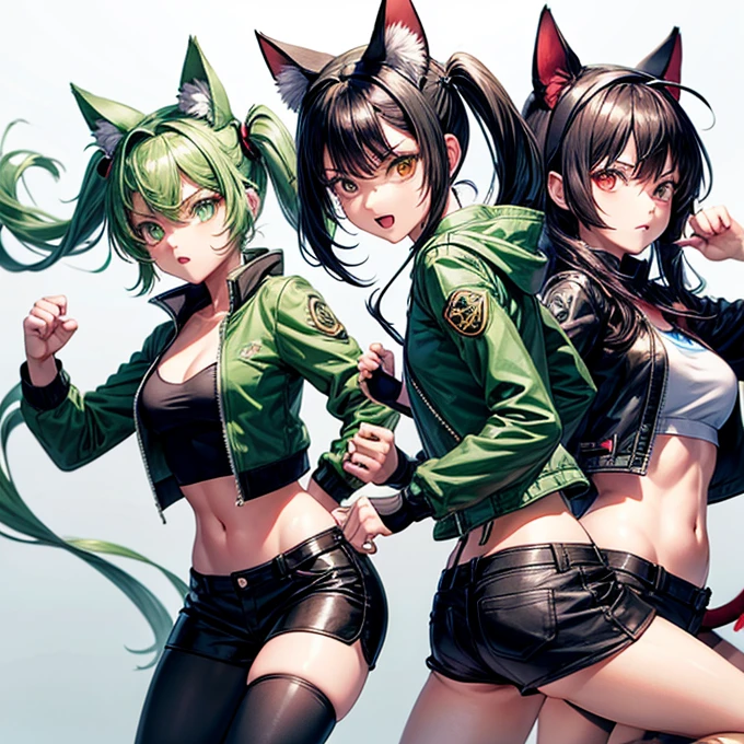 ((best quality)), ((masterpiece)), (detailed), perfect face reference sheet for a cute boy kawaii femboy with green short ponytail hair with middle part bangs completely closing his eyes, cat ears and tail, big butt, thick thighs and playful expression wearing a tight mini-skirt and a hoodie
