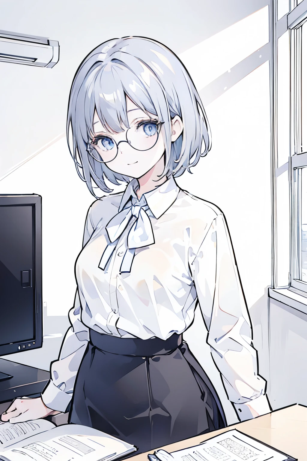 ((highest quality)), ((masterpiece)), ((detailed)), anime 1 girl, solo, gray short hair, blue eyes, looking at viewer, smile, closed mouth, upper body, simple bacground, office laday, wearing long sleeve shirt((white shirt only)), wearing black pencil skirt, wearing full rounded glasses, in front of computer