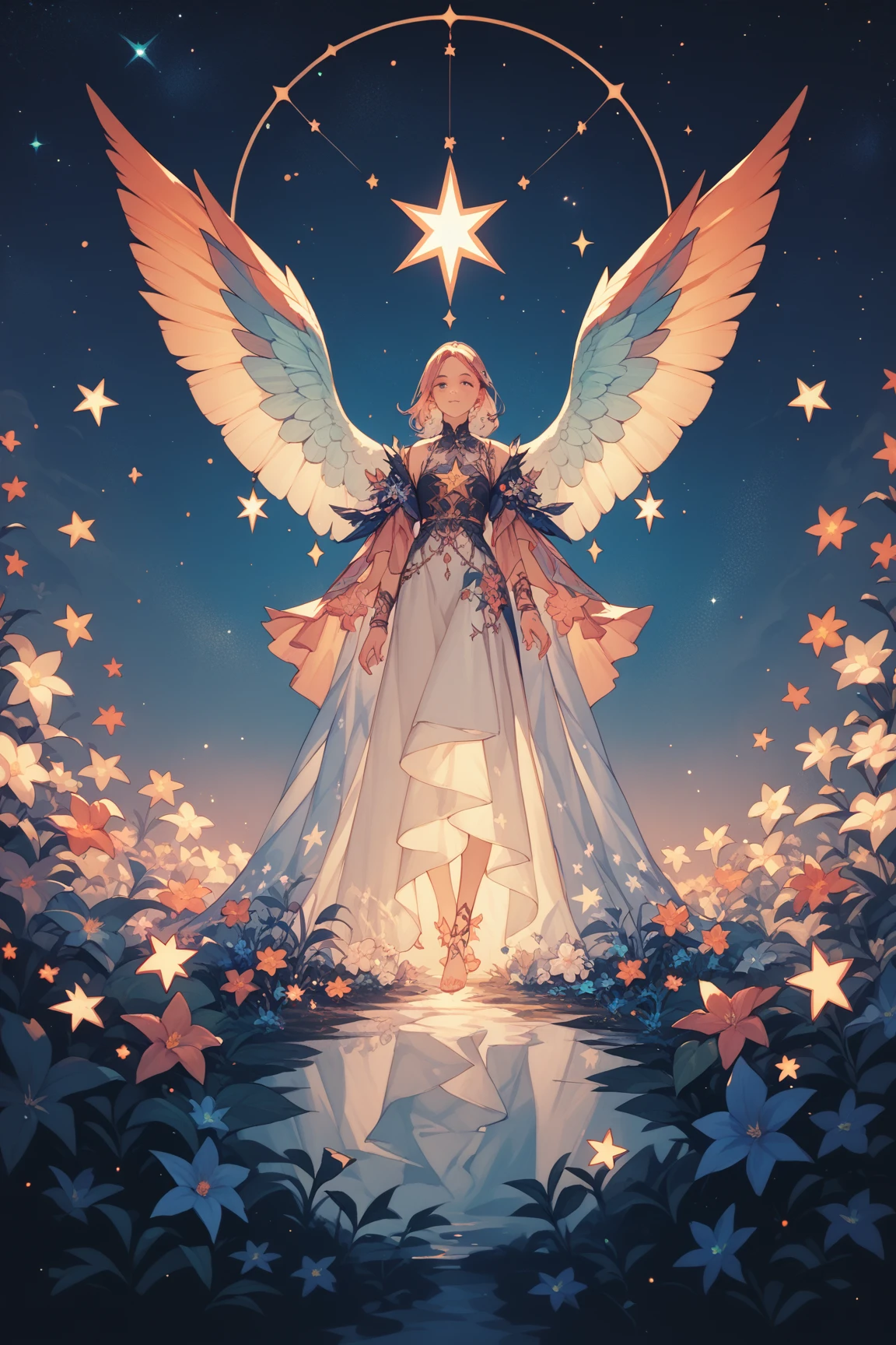 illustration: 1.3), paper art, 3D rendering of, Colorful background, (beautiful angel,: 1.3), (Masterpiece stars: 1.2) (Masterpiece Moon: 1.2), Colorful, Best quality, Detailed details, Masterpiece, offcial art, movie light effect, 4K, Chiaroscuro , Flash