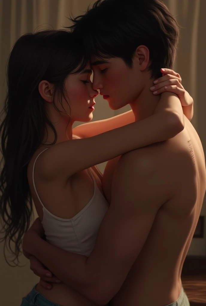 Young boy shirtless kissing woman wearing unbuttoned sheer white shirt and sexy red lingerie underneath, intense scene, dark room, one lamp, warm lighting, very erotic, sweaty, lustful, passionate, making out