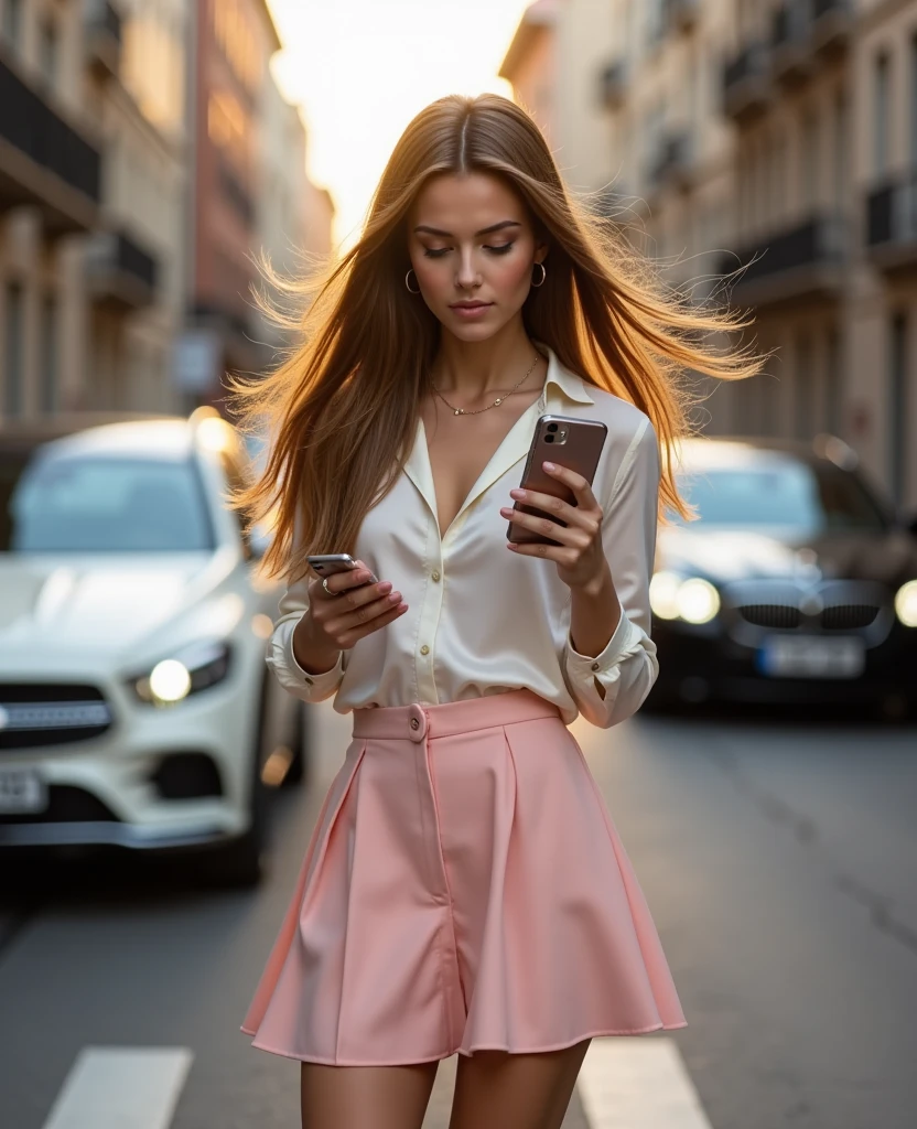 Gaia, Full-body street fashion editorial. Sony A1 with 24-70mm f/2.8 GM lens. 175cm tall model with exceptionally long chestnut hair flowing past waist. Wearing pastel pink A-line mini skirt, white silk shirt with subtle texture. Metallic silver stilettos. Captured in dynamic pose: weight slightly on right leg, left leg angled, body turned partially. Intensely engaged with iPhone 14 Pro Max, held at chest height. Urban Milan street background, luxury cars blurred. Late afternoon light creating dramatic hair backlight. F/4, 1/250s. Hair creating dramatic movement, catching golden hour luminosity. ((anti:1.5))