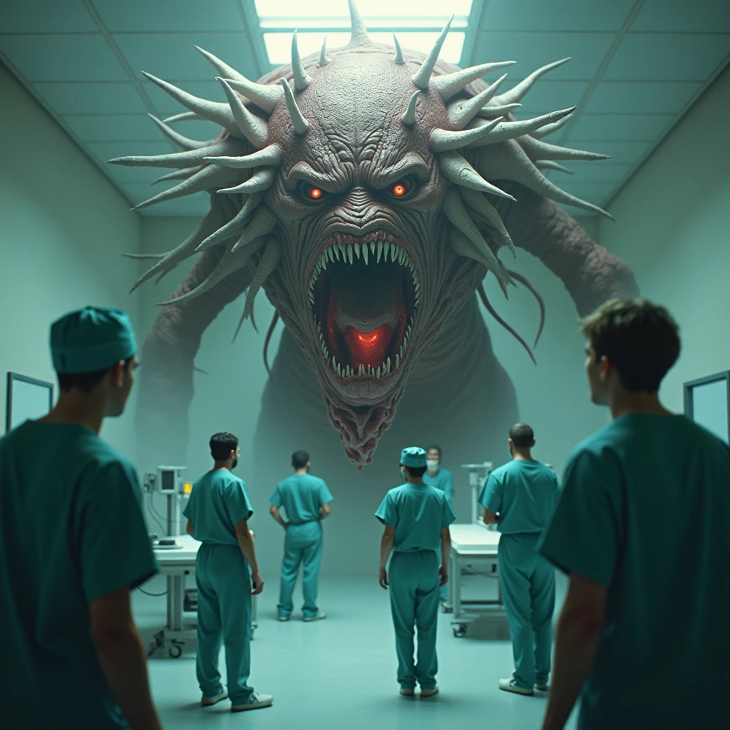 A prisoner, drenched in sweat and clutching a walkie-talkie, stands in horror as a monstrous figure with blood-soaked claws lurks just behind him. The prison cell is bathed in darkness, with only the faintest, eerie light casting long, distorted shadows. Blood splatters the walls, and the air is thick with the stench of decay and fear. The atmosphere is overwhelmingly oppressive, with a focus on the sense of impending doom. Style: dark, nasty, horror. The scene is rendered in deep, gloomy tones with intense contrasts. High detail and resolution.