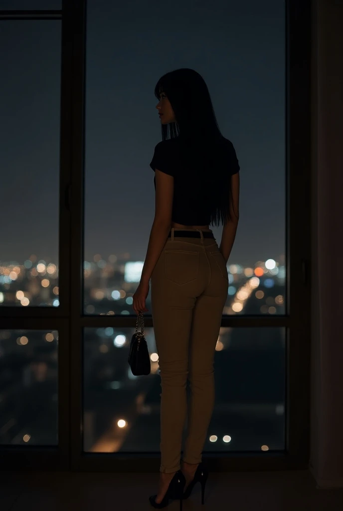 a woman sitting in window of an appartment located in Dubai on a very dark night that has no moon, waits for her lover to return sadly