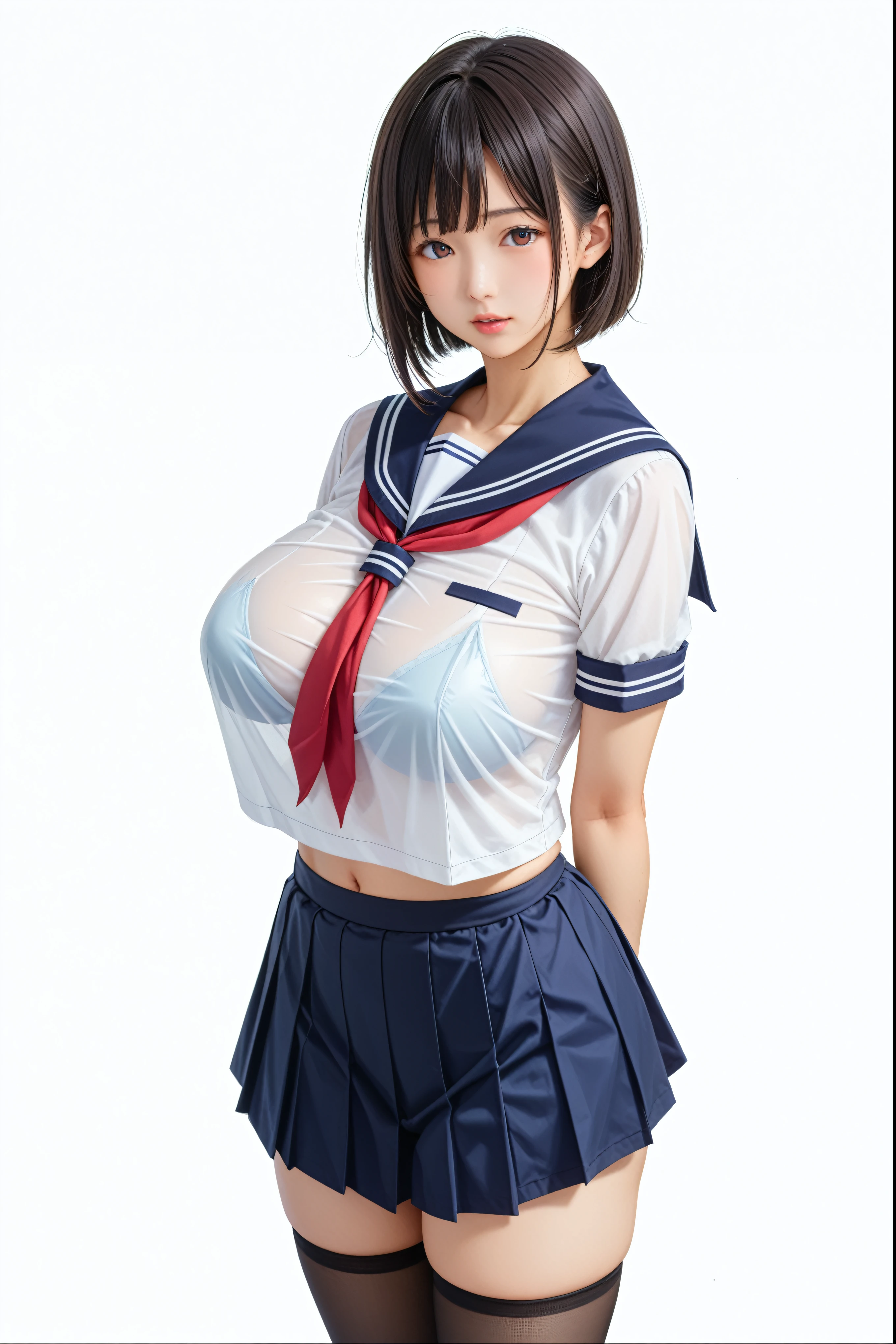 sailor suit、full body、front view、standing split、stand、 embarrassing expression、Shinozaki Ai、 very detailed illustration、Super detailed illustrations、Ultra-precise expression、masterpiece、Best Quality、ultra high resolution on down、 high resolution on down、perfect anatomy、detailed、extremely detailed CG、unity 8k wallpaper、woman、girl、beautiful、japanese、 white background、 simple background 、One person、Black Hair、 short hair、Big Breasts、Japan see、、