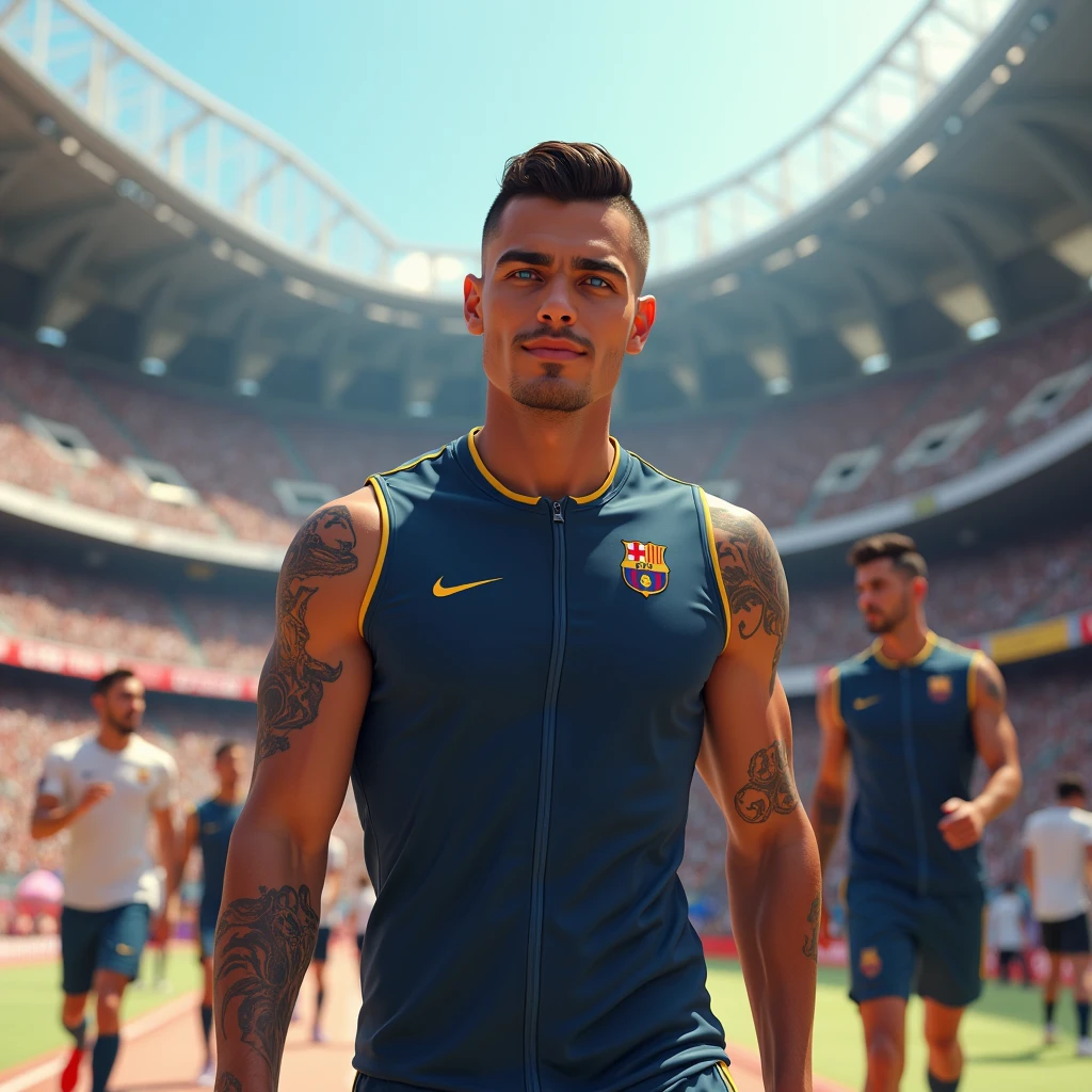 A 17 year old tall white Spanish football player with a happy face wearing a training vest, in a background with a training field along with other players in the background 