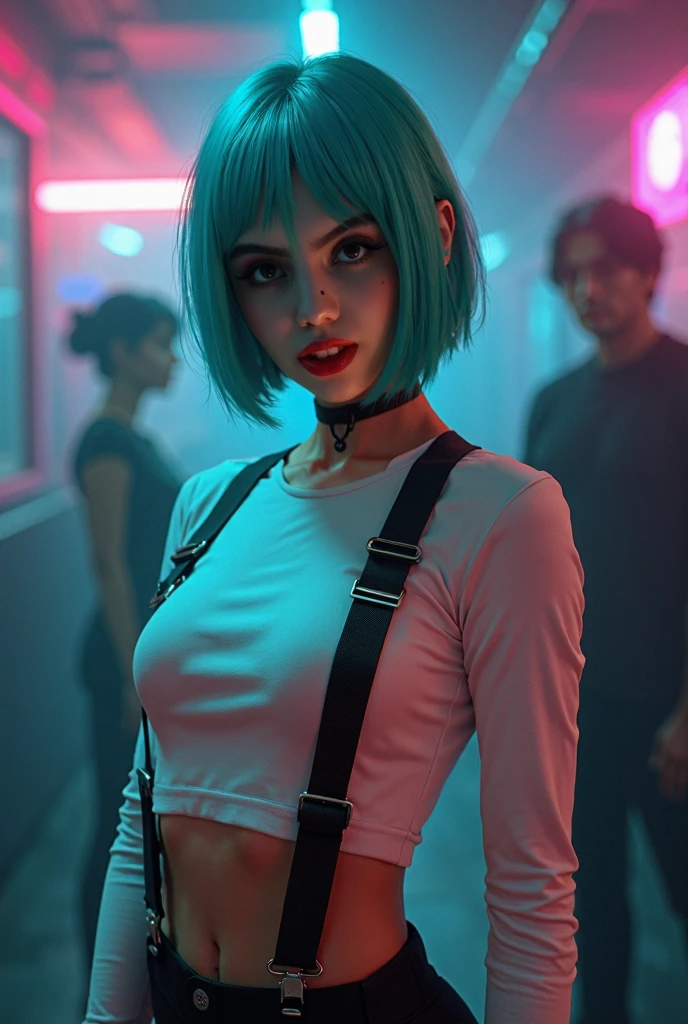 1girl , a 17 yo girl ,  , super adorable , full head ,(Body : (small breasts) , Skinny ) , ((tmasterpiece)) , (Very detailed CG unity 8K wallpaper) , best qualtiy , cinematic lighting , (hi-top fade:1.3) , dark themed , Muted Tones , Subdued Color , highly contrast , (natural skin textures , Hyper-Realism , Soft light , sharp) , (Hair : (Light Cyan Hair:1.5) , (shoulder-length hair) , ponytail , (Cyan Blue eyes:1.5) , beautiful detailed eyes , (Bright eyes:1.5) , (Very fine and beautiful) , (Beautiful and detailed eye description) , ( Background : (Random Amusement park at night Background) ) , Blur Background , (Topless) , Periwinkle Big Shape Jeans , Light cyan Furry Strapped Combat Bootie Boots , Full body shot , random view ,(Joyful Emotion:1.5) , Happy expression , (Pose : random pose , smile shy ) , (hair covers one eye : 1.5), Navel, small breast, photographers on background, camera flash, photoshoot, photographers