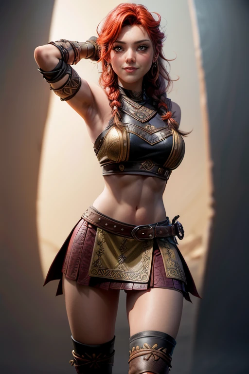  Young Viking woman , warrior,  long red hair tied in a single braid ,  amazonian body ,  generous hips , curvilinear, armed with sword ,  wears leather armor with leather linings and Celtic and Nordic knots, fur skirt, highest quality,  masterpiece , super detail,  lyrics,  cinematic lighting , bottomless, smile.