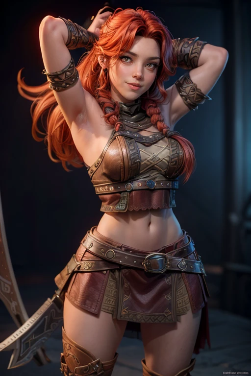  Young Viking woman , warrior,  long red hair tied in a single braid ,  amazonian body ,  generous hips , curvilinear, armed with sword ,  wears leather armor with leather linings and Celtic and Nordic knots, fur skirt, highest quality,  masterpiece , super detail,  lyrics,  cinematic lighting , bottomless, smile.