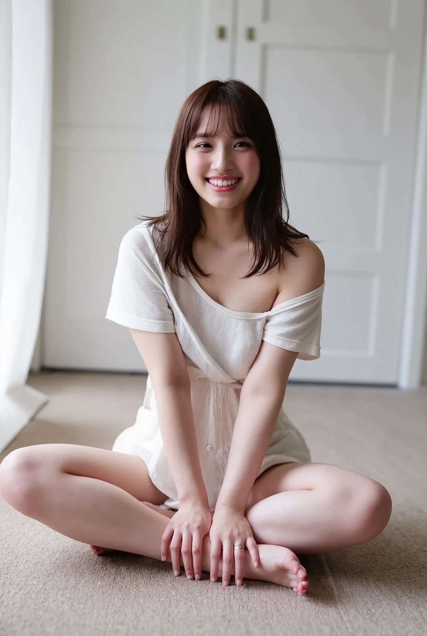 Full body shot from the front、Wear off-the-shoulder mini one-piece pajamas, bend your knees, spread your legs, take a cross-legged pose, and sit while looking at me, Slender bare legs 、smile、The background is a monotone 

