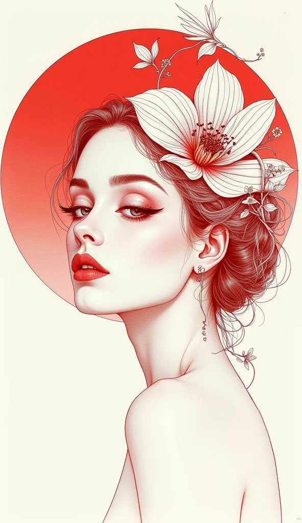 A highly detailed, minimalist photography-style illustration of a solitary, breathtakingly beautiful face, presented in a front-facing view, with a stunning Red Art Nouveau aura. The subject's skin tone is a radiant, porcelain-like complexion. The image features a delicate, hand-drawn flower motif in white and vibrant red hues, intricately intertwined with the subject's hair and facial features, creating a sense of elegance and sophistication. The overall aesthetic is clean, refined, and sophisticated, with bold lines, geometric shapes, and ornate patterns reminiscent of traditional Art Nouveau style. The color palette is predominantly white and red, with subtle gradations of tone and texture that evoke a sense of luxury and refinement. The illustration is rendered in exquisite, high-contrast detail, with a subtle, film-like grain that adds depth and visual interest to the overall image.