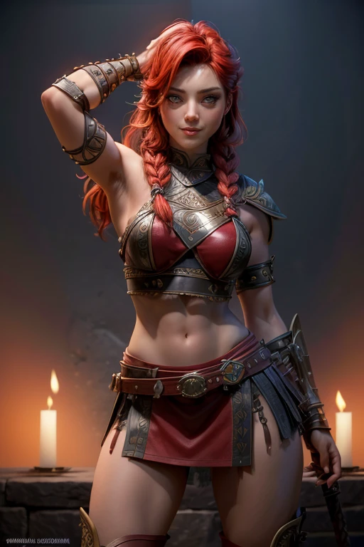  Young Viking woman , warrior,  long red hair tied in a single braid ,  amazonian body ,  generous hips , curvilinear, armed with sword ,  wears leather armor with leather linings and Celtic and Nordic knots, fur skirt, highest quality,  masterpiece , super detail,  lyrics,  cinematic lighting , bottomless, smile.