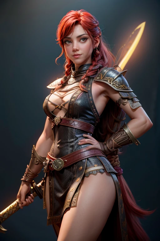  Young Viking woman , warrior,  long red hair tied in a single braid ,  amazonian body ,  generous hips , curvilinear, armed with sword ,  wears leather armor with leather linings and Celtic and Nordic knots, fur skirt, highest quality,  masterpiece , super detail,  lyrics,  cinematic lighting , bottomless, smile.