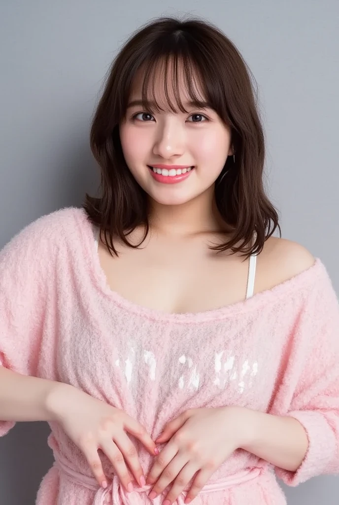 Only one woman with a cute smile wears cute, fluffy off-shoulder pajamas, makes a big heart shape with both hands, and poses them in front of her chest, View above collarbone、The background is a monotone 

