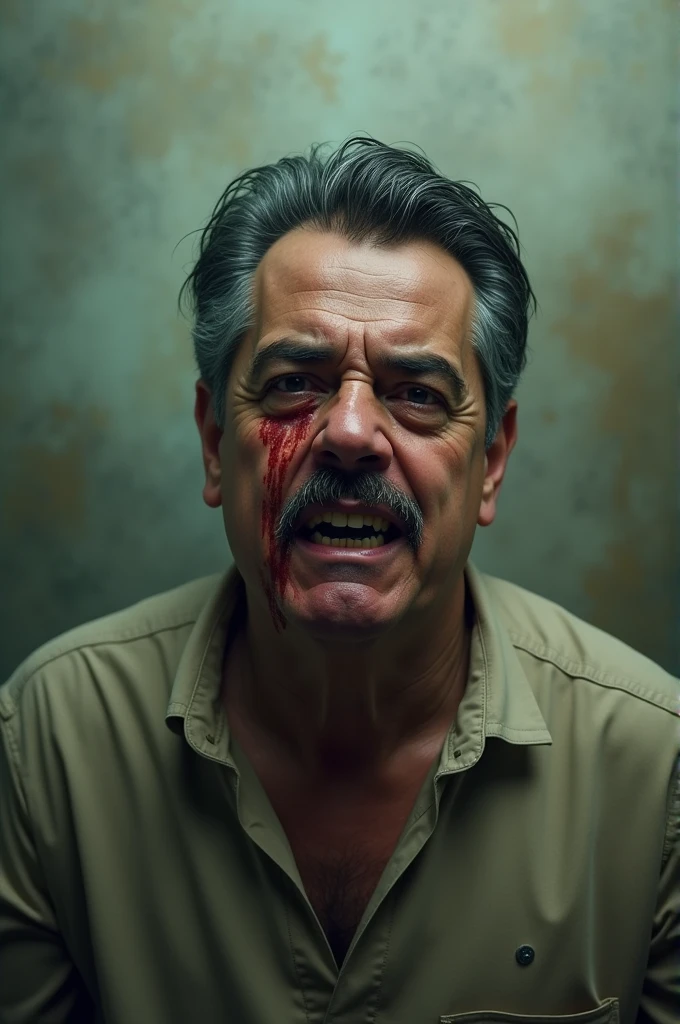 A stern man, Arafed with a mustache and a white bloody shirt, realistic face, very detailed portrait, cinematic portrait, Highly detailed face, bloody shirt