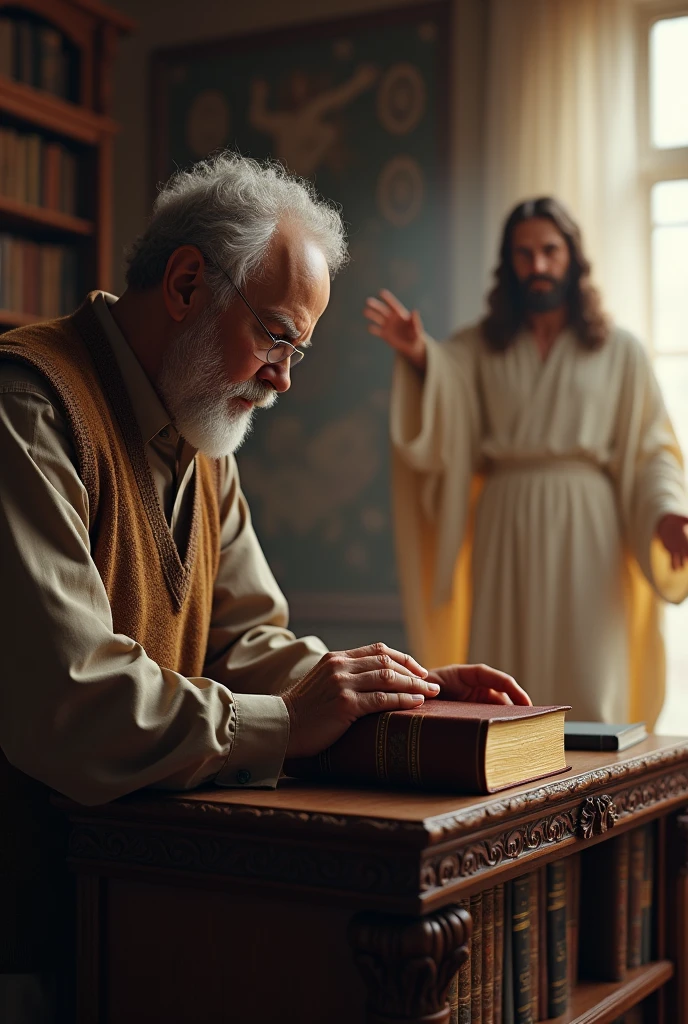 Close-up of Moses in prayer, candles, praying, Biblical context, Biblical paradise, jesus, ultra HD, realisitic, realisitic, jesus Cristo olhando para as Sagradas Escrituras, Paradisiacal landscapes, jesus praying sobre um antigo livro sagrado da Bíblia