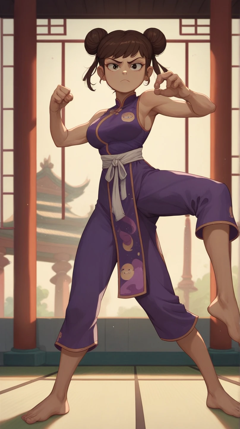 luna loud, 1 girl, solo, 24yo girl, large breasts, purple cheongsam, two hair buns,  inside of a chinese temple, looking at viewer, brown hair, short, hands  score_9, score_8_up, score_7_up,  teep fighting stance,martial arts