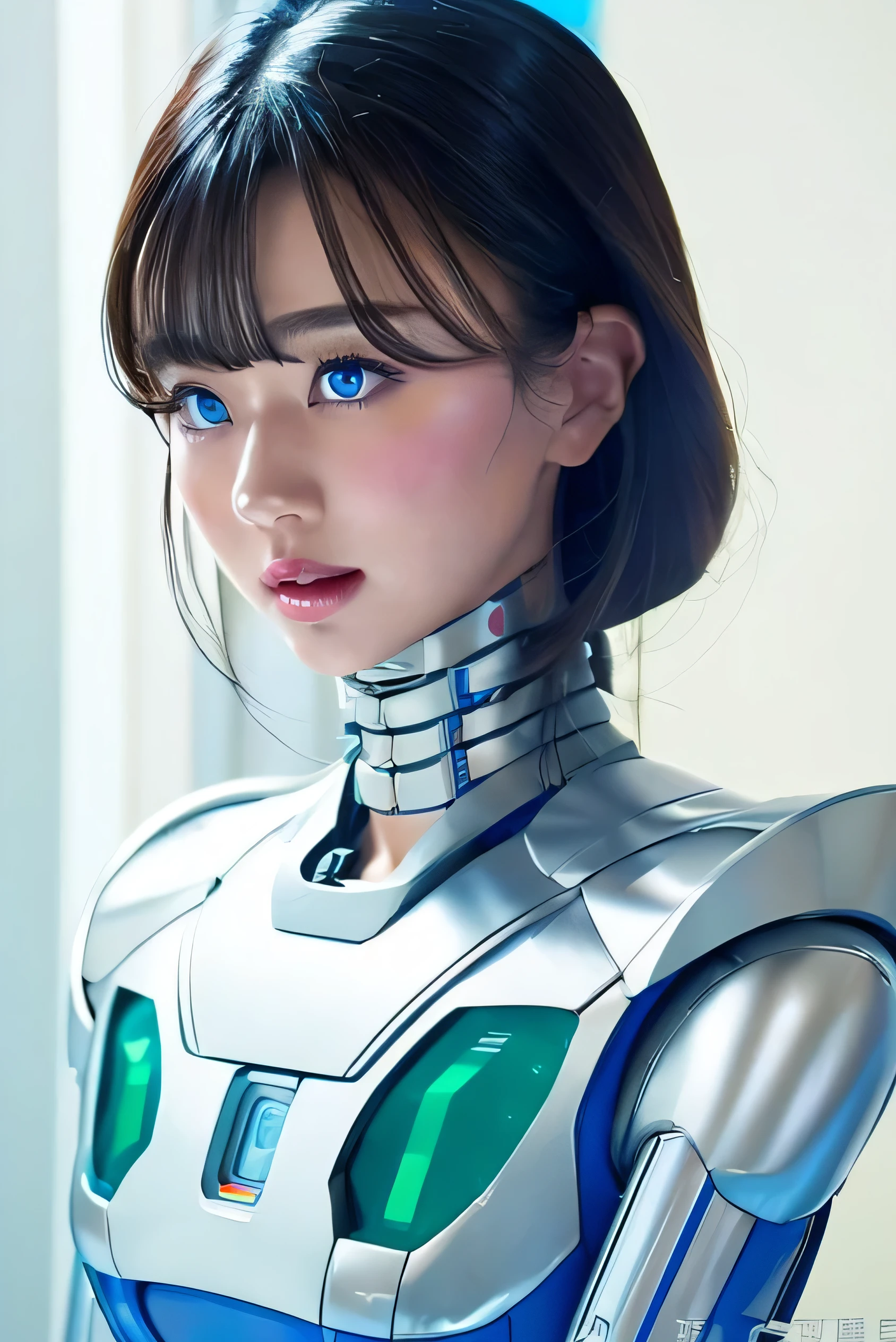 masterpiece, best quality, extremely detailed, Japaese android girl,Plump,control panels,android,Droid,Mechanical Hand, Robot arms and legs, Black Robot Parts,Black hair,Mechanical body,Blunt bangs,White robotics parts,perfect robot girl,future information counter,reception,long tube,thick cable connected her neck,ceramic body ,mechanical body,mechanical costume,android,robot,humanoid,cyborg,information office,japanese android receptionist ,mechanical chest,blue eyes,office-lady