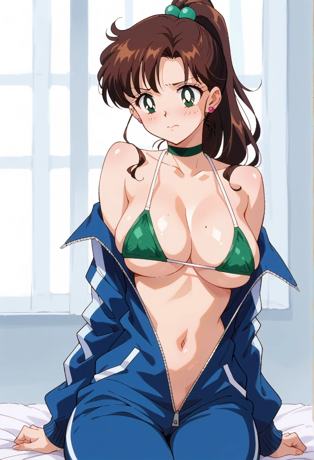 score_9, score_8_up, score_7_up, score_6_up, score_5_up, score_4_up, rating_questionable, source_anime, digital illustration, pixiv, official art, BREAK nsfw, 1 girl, cute, solo, aajupiter, long hair, ponytail, hair bobbles, green eyes, green choker, embarrassed, (large breasts), (blue micro bikini), covered nipples, navel, track suit, (partially unzipped:1.5), (undressing, changing clothes), upper body, sitting, (beautiful breasts, beautiful skin), 