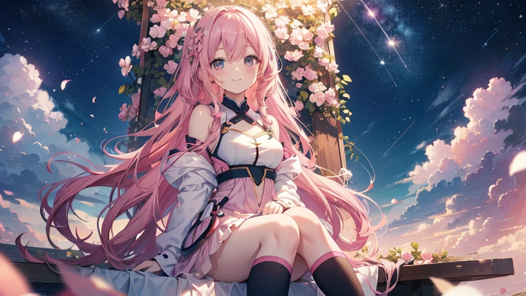  cute anime pink haired girl、 dynamic、solo,long hair,（Dreams exchanged under the stars ,The best smile , sitting,Feminine Style)