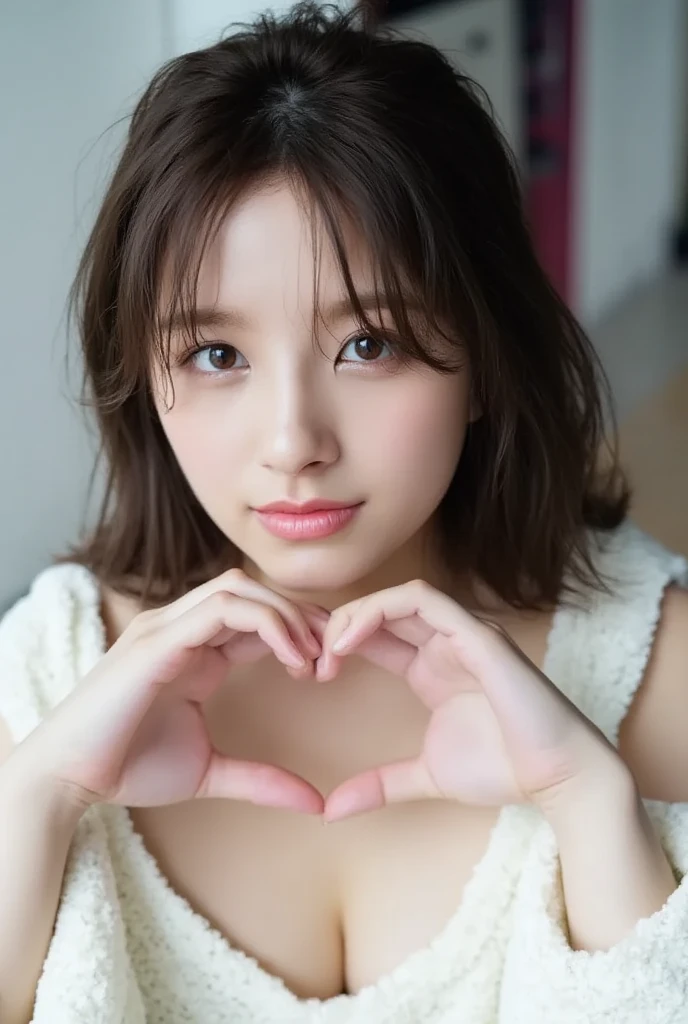 Only one woman with a cute smile wears cute, fluffy off-shoulder pajamas, makes a big heart shape with both hands, and poses them in front of her chest, View above collarbone、The background is a monotone 

