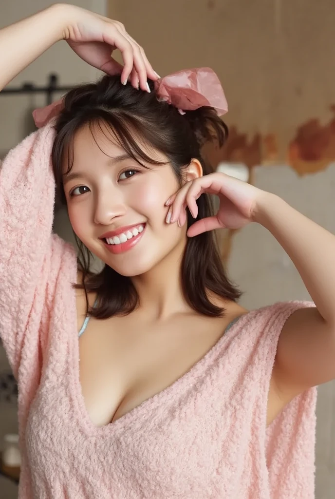 Only one woman with a cute smile wears cute, fluffy off-shoulder pajamas, makes a big heart shape with both hands, and poses them in front of her chest, View above collarbone、The background is a monotone 

