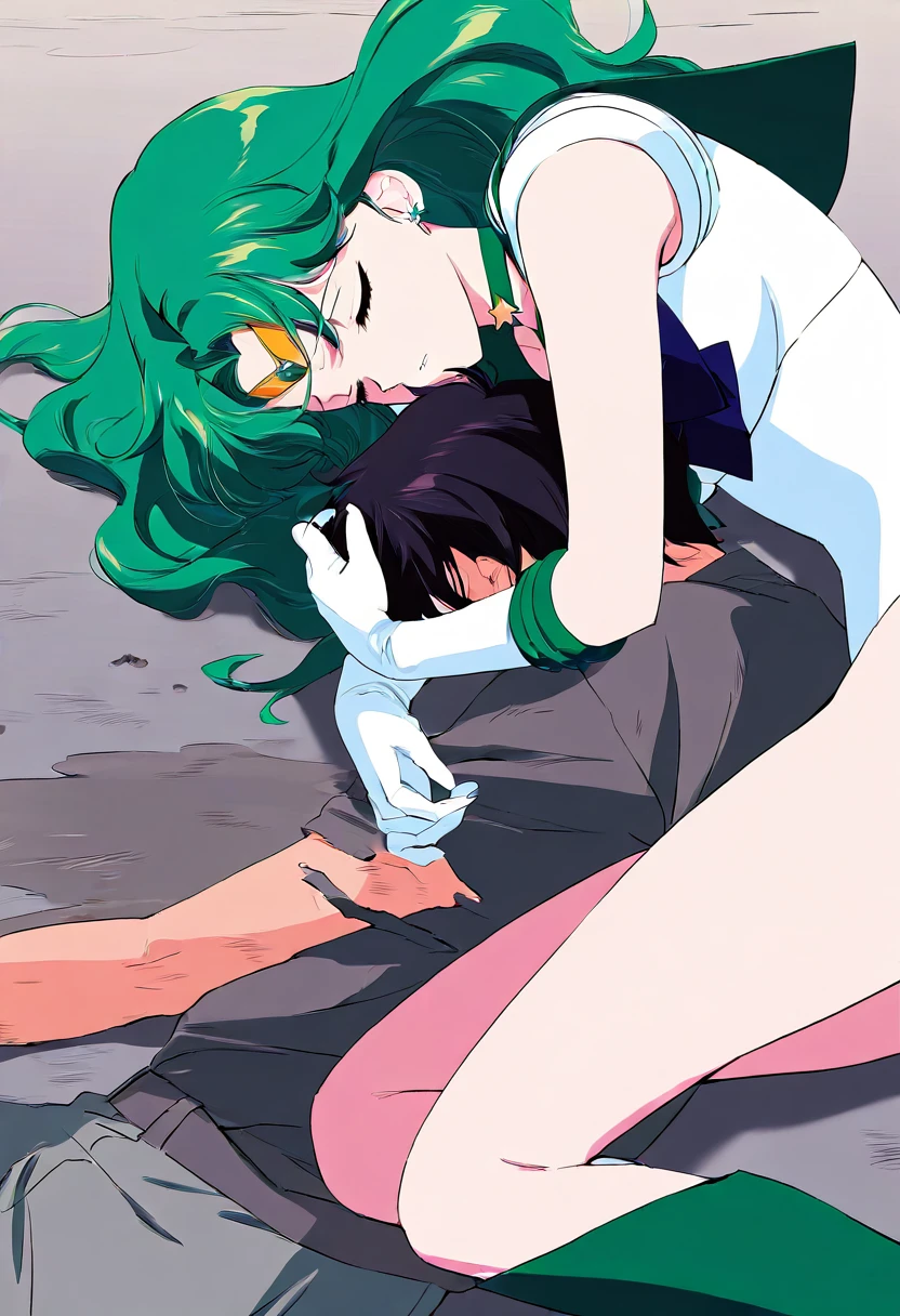 masterpiece, best quality, very aesthetic, absurdness, anime, 1 girl, sailor neptune, closed eyes, defeated, unconscious, dirty, naked:1.2, 90's sailor moon style:1.3, 1 boy hugging girl 