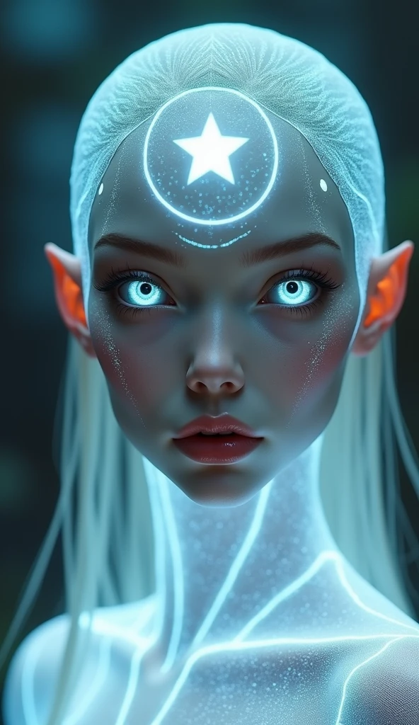 score_9, score_8_up, score_7_up, score_6_up, astral queen, silver skin, portrait, intricate, fringe, color gradient, lowkey lighting, otherworldly, vibrant, high contrast, pointed ears, glowing eyes, rim lighting, (atmospheric perspective:1.4), (flat chest:.5), Silhouette Lighting