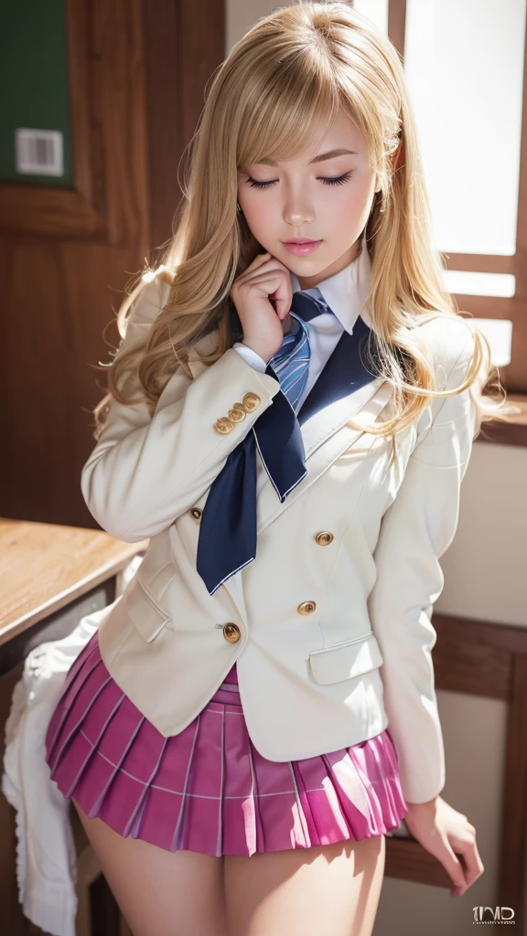 ((Girl sitting on a train seat))、Top quality work、Actual work、Ultra Premium Graphics、8K HD CG Works、High Quality Graphics、High resolution CG work、10x pixels、Extremely fine detail:1.1、Advanced technical details:1.1 Photorealistic、Natural light:1.5。Light effects(Virtual Light Effects:1.8)、長いSilver Hair、Silver Hair、Transparent Hair、Hair with attention to detail(Premium Hair Detail:1.1)Clear Eyes、Beautiful double eyelids、Sharp eye make up、Delicate eyelash makeup、Thin eyebrows、Highly detailed eyes、High nose、Nice red lips、Rose Cheeks、Subtle makeup face、Cute face、Perfectly Proportioned Face、(Advanced Face Detail:1.1)、girl、Like a fairy in a painting、slim and sexy legs、A beautiful face is beautiful and delicate、Like a finely carved piece of jade、It shows patience and wisdom。The nose is straight,Cherry Lip Color、Her face is clear,Her skin is as white as jade,Gives a healthy glow,Her makeup is light and subtle,Not too decorative,A light-toned foundation enhances the clarity of your skin.,eye make up:Eyeshadow and eyeliner,Make her eyes bright and cheerful、Adds a touch of glamour and sophistication,((High school girl))、((White blazer、Chest Emblem))、(White blouse)、(Red tie)、(Navy blue checked skirt)、(I can see her white panties)、Her hair is casually tied back,Fixed with hosta,A few strands of hair are swaying gently in the wind,Add a little softness、It charmed everyone.、Elegance、Mystery、Powerful、（Shot from below)、(Hold up the skirt)、((Eyes closed))、((White panties are visible))