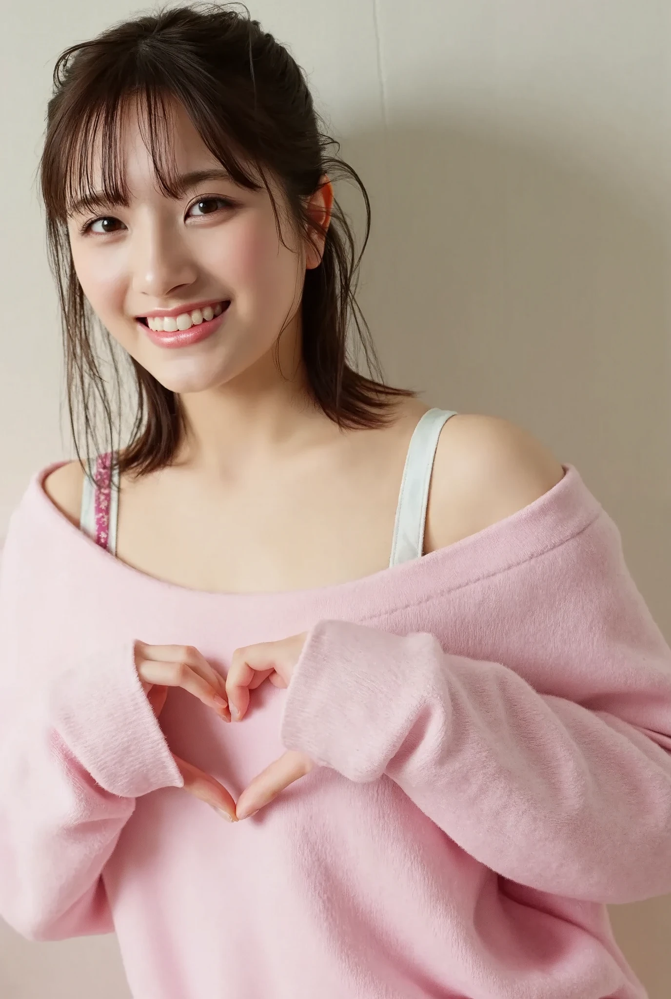 Only one woman with a cute smile wears cute, fluffy off-shoulder pajamas, makes a big heart shape with both hands, and poses them in front of her chest, View above collarbone、The background is a monotone 

