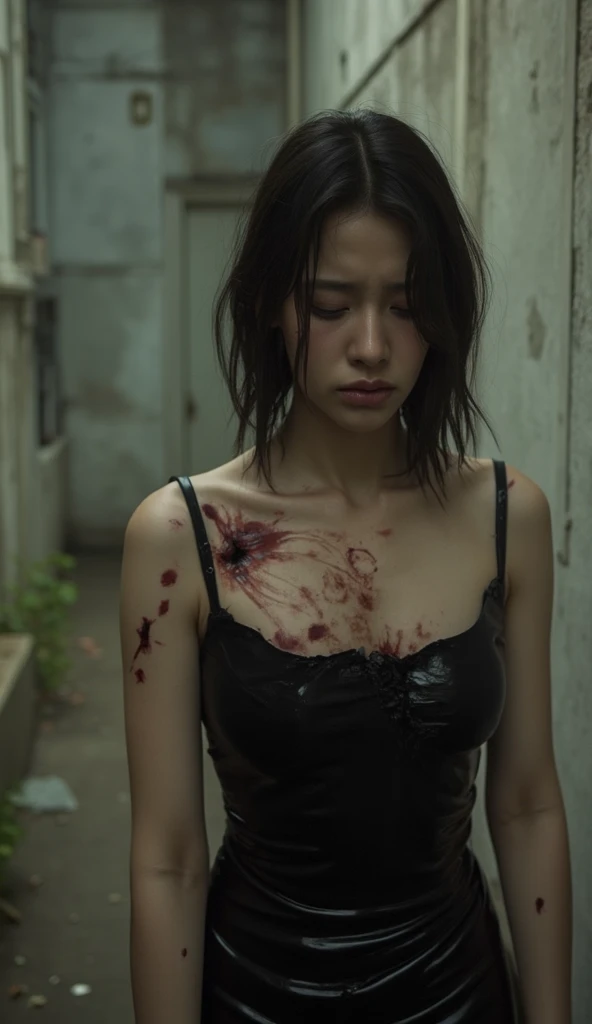 Asian woman in black latex rubber dress, standing eyes on bed with gunshot wounds on dress where breast milk is broken into small holes, bleeding on bloodies on dress, painful stress facial 