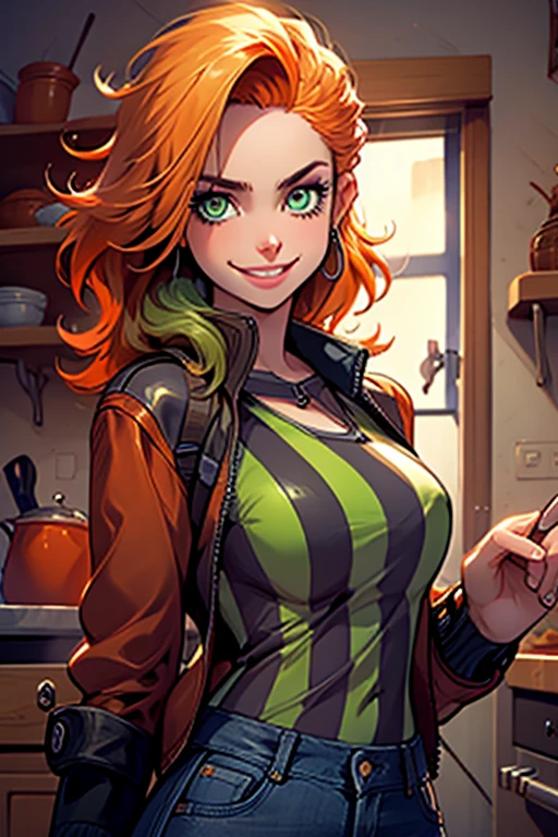 Perfect face. Perfect hands. An orange haired woman with green eyes and an hourglass figure in a leather jacket and jeans is smiling while baking  in a kitchen
