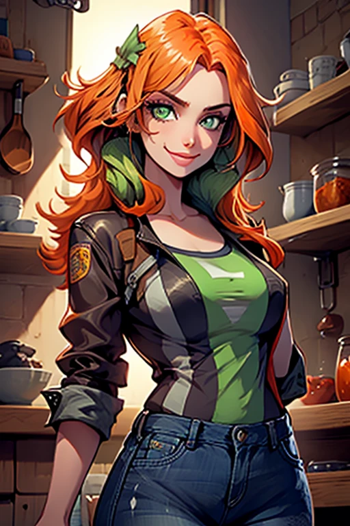 Perfect face. Perfect hands. An orange haired woman with green eyes and an hourglass figure in a leather jacket and jeans is smiling while baking  in a kitchen
