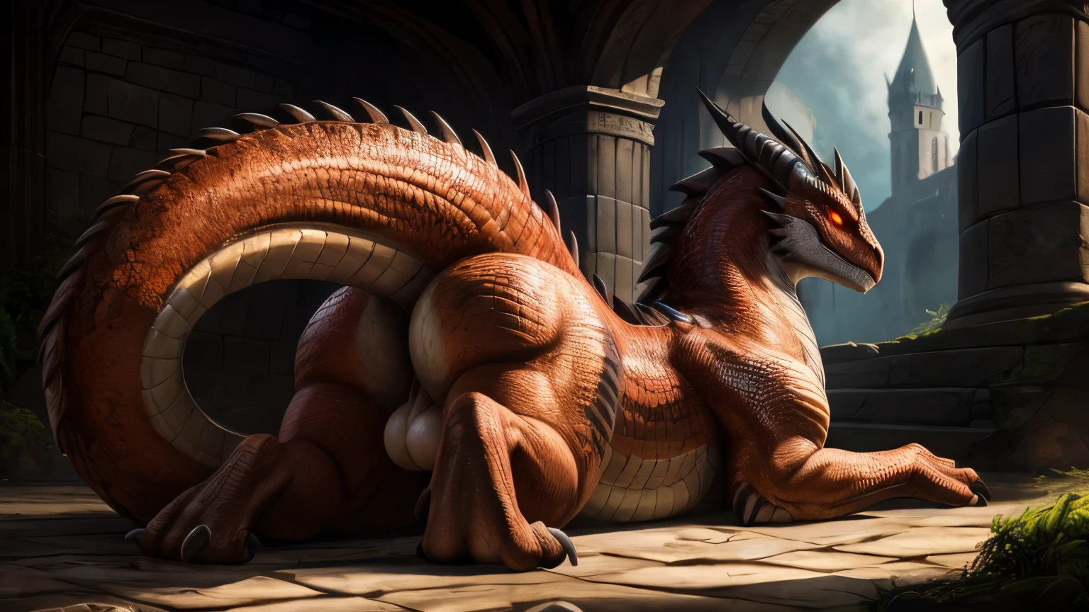 (high quality,4k,8k,highres,masterpiece:1.2),ultra-detailed,(realistic,photorealistic,photo-realistic:1.37),pixiv masterpiece,(intricate details), nsfw, chubby wet feral Dragon with highly detailed orange scales and Black fluffy hair, feral, stunningly sharp-focus, ass up, charming chubby body, curvy, huge ass, very big ass, wet ass, wide hips, thicc thighs, enchanting black hue, glowing eyes, empty eyes, swaying tail, impressive scales, powerful presence, mesmerizing beauty, evil posture, well-defined claws, sinister-hearted, radiant aura, captivating artwork, artistically rendered, masterful strokes, attention to detail, tasteful composition, alluring charm, careful shading, great attention to anatomy, meticulous rendering, impeccable craftsmanship, big balls, butt focus, vivid colors, perfect balance between realism and fantasy, wet, sweaty, big fluffy tail, thick tail, booty focus, Landscape shot, old castle, old ruins, dirt, fence,
