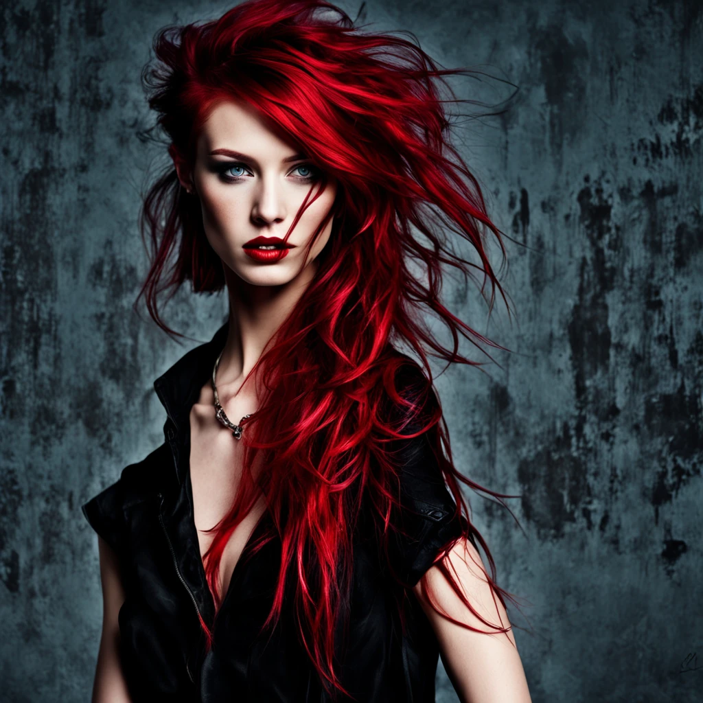 shot of young woman with vibrant red hair, unnatural red hair, vibrant rose red hair, high quality, HD, professional photography, album cover, posing, creative, detailed, highly detailed image, long hair, highly detailed and interesting background, masterpiece, hyper realistic, realistic, photoshopped image, cool effects, anatomically accurate, anatomically correct, dynamic, cinematic, realistic and detailed teal eyes, long and wavy hair,  HD, detailed outfit, professional photography, earrings, unique style, makeup, badass, cool effects, ultrarealistic, hyper realistic, detailed, mid shot, Dark gothic outfit, defined face, detailed face, aqua eyes, teal eyes, realistic eyes, extremely long hair, wavy long hair, hair down to hips, hip length hair,  bright dyed red hair, album art, album cover, photo realism, covered in blood, posing, masterpiece, award winning photograph, creepy, dark image, techwear, wearing black cargo joggers and black crop top, posing in front of a brick all covered in graffiti, streetwear, street style, badass outfit, highly detailed outfit, highly detailed background, high contrast, vibrant image, sexy, deep red hair, tassels on joggers