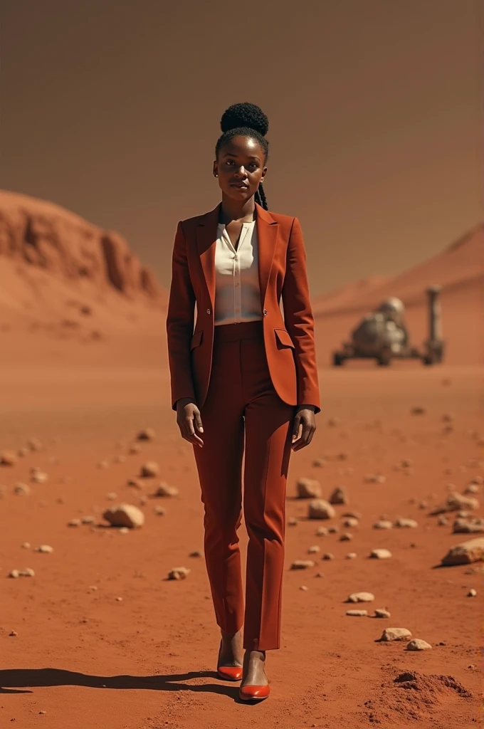 full body,african woman with afro in twokunf black and red uniform, on desert planet,touching her head, 8k uhd, dslr, soft lighting, high quality, film grain,masterpiece quality,Fujifilm XT3<lora:TWOKunf:0.8>