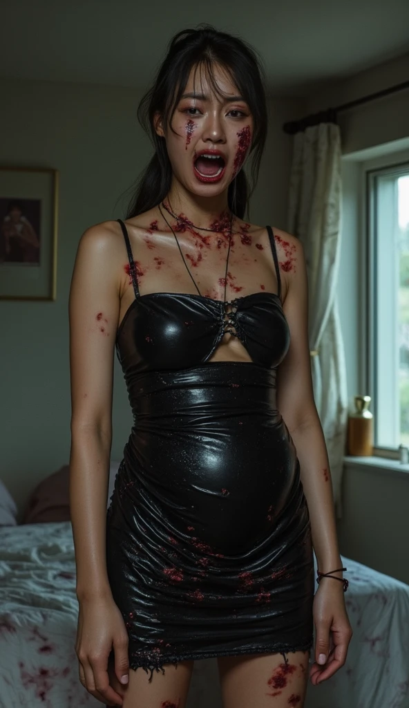 Asian woman in black latex rubber dress, standing eyes on bed with gunshot wounds on dress, broken belly, dress broken into small holes, bleeding on bloodies on dress, painful stress facial 