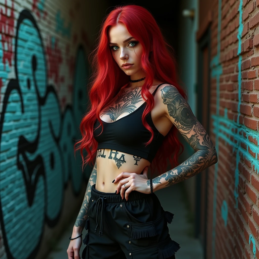 The image should portray a woman with a sculpted body, redhead model. She has an imposing and virile presence, full and sensual breasts, inviting exposed vagina. Her hair is long and styled in an elegant hairstyle. She wears large gold hoop earrings, that draw a lot of attention. The woman wears typical funk clothes: a mini skirt, combined with a sensual touch. She also wears high heels, fishnet stockings and a pair of Ray-Ban sunglasses. Para completar o visual, she is wearing a bold red lipstick.