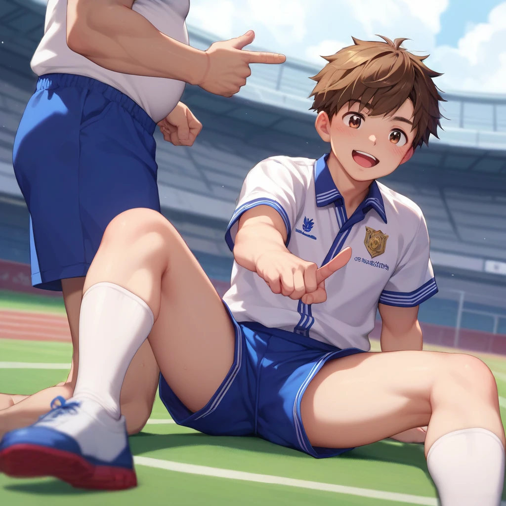 Best Quality,  Japanese middle school boy, cute, ( medium shot :0.5), ( Brown Eyes , Light in the eyes),  Detailed Beautiful Face , ( human skin texture high resolution detail), ( medium hair), break, Sitting on the ground,  track and field uniform , short shorts, Blue shorts, White underwear,  legs are pointing here, White underwearパンチラ, 