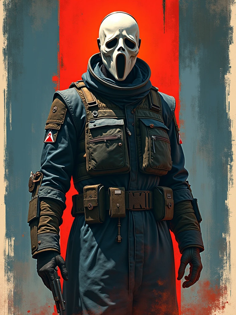 Create a poster reminiscent of the Soviet Union (USSR) era, featuring a sci-fi soldier wearing a (white horror mask). The background should depict an iron wall, with prominent red and blue colors dominating the scene. The poster should have a vintage, propaganda-style aesthetic, with bold and striking visuals that capture the essence of Soviet-era design. The sci-fi soldier should appear heroic and imposing, with a futuristic yet classic look that fits within the historical context. The overall style should be detailed and visually engaging, blending the retro elements of Soviet posters with a sci-fi twist.
