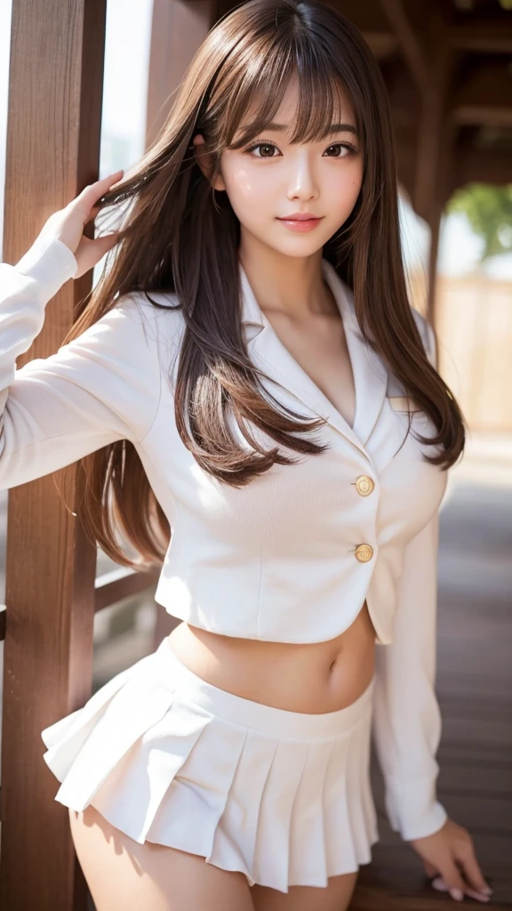 ((64k，super highest quality，Ultra-high resolution，masterpiece，Realistic，Realistic，Very detailed))，Young, adorable, cute and beautiful 16 year old〜20 year old girl，((Seamless Ultra-thin All-through Pantyhose，Ultra-thin seamless pantyhose, sexy, all-through, beautiful legs, tights, stockings, sheer, pantyhose, ladies))，Full body photo，Full body angle，Esbian all over，Baby Face，single eyelid，Long legs，Thin legs，Thin thighs，Beautiful hands and feet，chest，Cute smile，Adorable smile，nice smile，Autumn cherry blossoms in the background，，Long Straight Hair，Iris，Black Hair，A cute and beautiful Japanese girl who still retains her youthful charm，With a young body，Slim waist，((High School Girl Blazer，Skirt Ultra Mini，Super sexy one piece，Super mini dress，))，With a young face