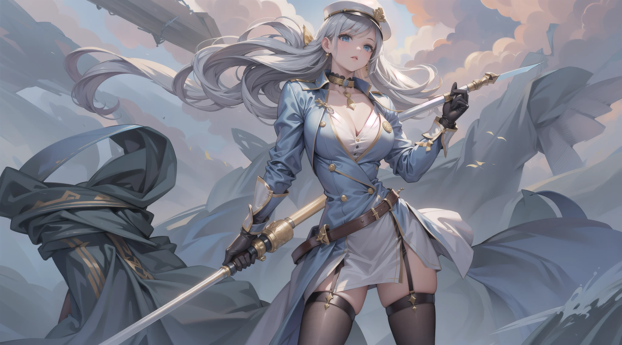 masterpiece, ultra detailed, 8k portrait, RAW photo, portrait photography, highly detailed face, beautiful and meticulous eyes, dark blue hair, long hair, blue eyes, white hair ribbon, green military uniform, green pleats mini skirt, white chest armor, white tights, half boots, spread legs, standing, (equip a beam sword:1.5), by the old castle, in mid night, from below