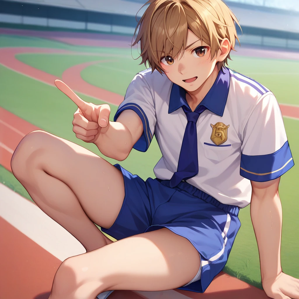 Best Quality,  Japanese middle school boy, cute, ( medium shot :0.5), ( Brown Eyes , Light in the eyes),  Detailed Beautiful Face , ( human skin texture high resolution detail), ( medium hair), break, Sitting on the ground,  track and field uniform , short shorts, Blue shorts, White underwear,  legs are pointing here, White underwearパンチラ, 